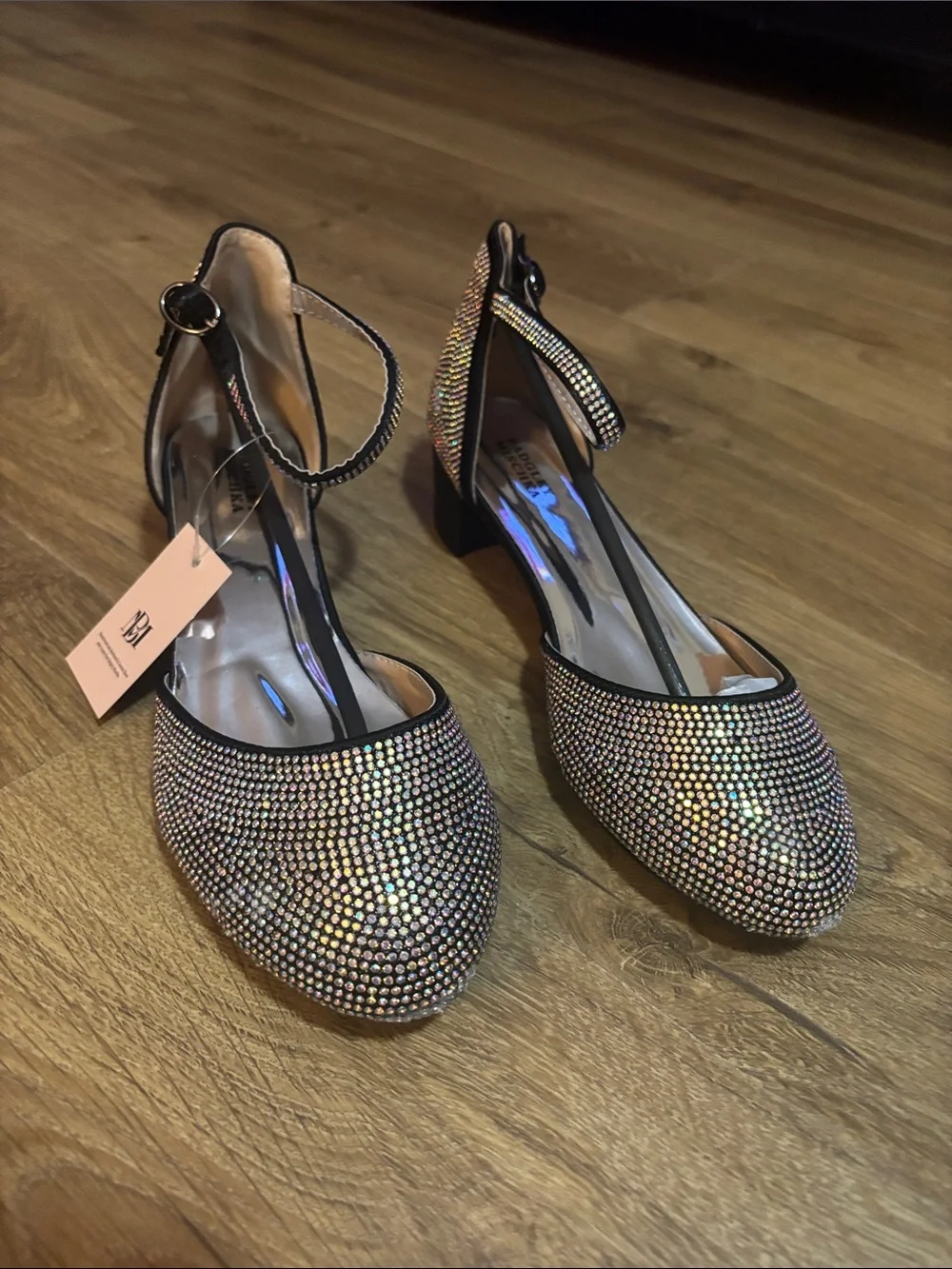 Badgley Mischka Iridescent Crystal Flats with Black Trim and Ankle Strap